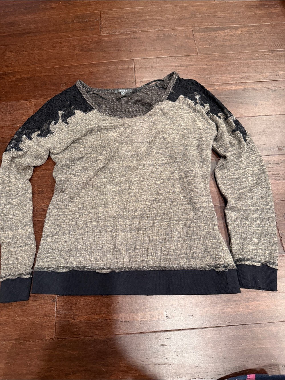 Miss Me Gray Long-Sleeve Top with Black Lace Shoulders